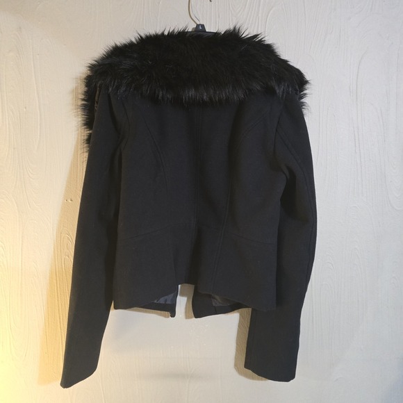Guess Wool Blend Coat Faux Fur Collar Black Womens LG Blazer Style Cropped - Picture 3 of 7